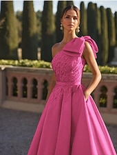 economico Abiti da Sera a Linea A-Abito da sera a-linea elegante formale per matrimoni lungo fino al pavimento senza maniche a spalla unica in raso con fiocchi glitterati e perline
