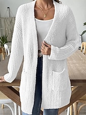 Недорогие Кардиган с открытым передом-Жен. Вязаная ткань Кардиган Уличный стиль На каждый день Сплошной цвет Открытый перед Карман Трикотаж Длинный рукав Обычные топы Вязать Повседневные На выход выходные Черный Белый Осень Зима