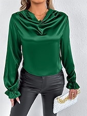 Недорогие Нарядные блузки-Жен. Рубашка Elegant Нарядный Атласный верх Драпировка Сплошной цвет Стиль На каждый день Длинный рукав Вырез-хомут Обычные топы Повседневные На выход Черный Розовый Зеленый Абрикосовый Весна Осень