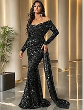baratos Vestidos de baile-Sereia Vestidos de noite Elegante Traje formal Formal Casamento Cauda Escova Manga Longa Ombro a Ombro Renda com Pregas Franzido 2025