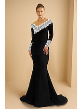 abordables Robes de Soirée Sirène-Robe de soirée noire sirène / trompette élégante robe de soirée formelle mariage balayage / pinceau traîne manches longues crêpe extensible avec applique en dentelle brodée florale 2025