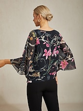 abordables camisas, tops y blusas-Blusa de mujer negra floral, manga 3/4, suelta, cuello redondo, informal, elegante, para vacaciones, primavera, verano y otoño.