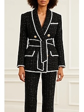 お買い得  ブレザーとベスト-女性用ツイードブレザー、メタルボタン、スポーツコート、フォーマル、結婚式ゲスト用、ツイード、エレガント、長袖、ショールラペル、ダブルブレスト