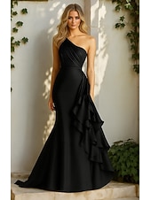 tanie Suknie wieczorowe syrenki-Syrena Suknia wieczorowa Elegancja Suknia formalna Formalny Ślub Tren sweep Bez rękawów Na jedno ramię Satyna z Z marszczeniami Falbany 2025