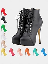baratos Festa da Vida Noturna-Botas femininas plataforma de couro sintético bege com cadarço - sapatos de festa com salto alto e salto agulha para vida noturna e balada
