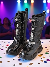olcso Gyerekbakancsok-Koreai idol ihlette popsztár jelmezcipő, lányka fekete lakkbőr fűzős, térdig érő csizma oldalsó cipzárral, táncelőadásokhoz és színpadi ruhákhoz