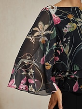 abordables camisas, tops y blusas-Blusa de mujer negra floral, manga 3/4, suelta, cuello redondo, informal, elegante, para vacaciones, primavera, verano y otoño.