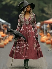 billiga Halloween klänning-Halloween Dam Maxiklänning A linjeklänning Semester Ledigt Boho Strand Normal Blommig Grafisk Långärmad V-hals Mörklila Svart Rodnande Rosa Vin Vår Höst