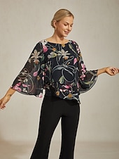 abordables camisas, tops y blusas-Blusa de mujer negra floral, manga 3/4, suelta, cuello redondo, informal, elegante, para vacaciones, primavera, verano y otoño.