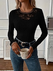 economico Top in Pizzo-Per donna Blusa Pizzo Patchwork Tinta unica Elegante Essenziale Casual Manica Lunga Girocollo Top Regolari Quotidiano Nero Bianco Rosa Viola Grigio Primavera Autunno Inverno