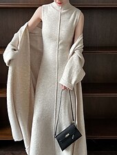 cheap Plain Pullover-Women&#039;s Long Dress Maxi Dress Knit Dress Casual Dress Dress Set Elegant Fashion Modern Outdoor Daily Going out Regular Fit Plain Long Sleeve Stand Collar Beige Winter Autumn