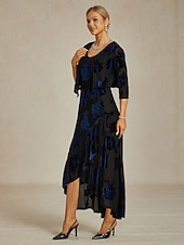 abordables Hauts habillés-Femmes Haussements d&#039;épaules Fleuri Élégant ancien Manche 3/4 Col en V robe demoiselle d honneur Tenue de soirée Soirée bleu marine Automne Hiver