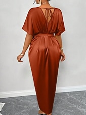 abordables Robe de cocktail-Femmes Robe Longue Maxi Robe Robe de Soirée Robe de Cocktail Robe en Satin Élégant Moderne Soirée Coupe régulière Uni Manche Courte Col en V Noir Jaune Bleu Roi Vert foncé Automne Hiver