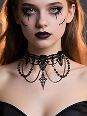 tanie Akcesoria Halloween-Zestaw damski naszyjnik i kolczyki w stylu gotyckim z koronką na Halloween – czarna koralikowa biżuteria wampirza na imprezę kostiumową i cosplay