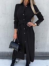 abordables Robe Simple-Femmes Robe Midi Robe trapèze Occasionnel Quotidien Coupe régulière Uni manche longue Revers Noir Rouge Vert Abricot Printemps Automne Hiver