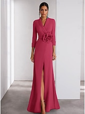 billiga Kjolklänningar för kväll-A-linjeformad aftonklänning Elegant klänning formell bröllop golvlängd lång ärm skjortkrage stretch crepe med slits axelblomma