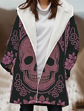 baratos Roupa de Halloween-Mulheres Casaco de inverno Jaqueta de Inverno A Prova de Vento Manter Quente Zíper Bolsos Forrada com Fleece Abertura Frontal Casual Caveiras Ao ar livre Férias Casa Casual Longo Com Capuz Normal