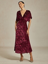 billiga Nyårsklänningar-Dam Midiklänning Sheath Dress Elegant party Fest Bröllopsgäst Cocktailfest Normal Ensfärgat Blommig Ärmlös V-hals Rubinrött Sommar Vår Höst Vinter