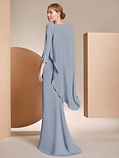 abordables Longueur du plancher-Robe fourreau  Colonne Mère de la Mariée Robe Formelle Élégante Col bijou Longueur de sol Chiffon Manches longues avec applications Couleur unie