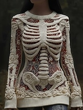 preiswerte Halloween Bluse und Shirts-Halloween Damenpullover Skelett Mode Lässig Grafik Skelett Rundhalsausschnitt Patchwork Gestrickte Lange Ärmel Reguläre Oberteile Strick Schwarz Rosa Herbst Winter