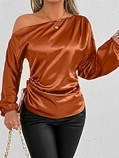 voordelige Elegante topjes-Dames Overhemd Satijnen overhemd Effen Kleur Stijlvol Casual Lange mouw koude schouder Normale tops Dagelijks Uitgaan Asymmetrisch Geel Bruin Lente Herfst
