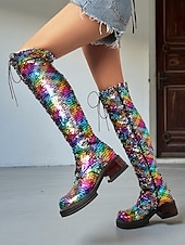 preiswerte Modische Stiefel-türkisfarbene, kniehohe Schnürstiefel für Damen mit Pailletten – glitzernde Party-Schuhe im Combat-Stil für das Nachtleben und Club-Outfits