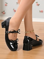 billige 1950-talls retro-Damesko med burgunderfargede Mary Jane-hæler i lakkskinn – vintage pensko fra 50-tallet med blokkhæl og spenne for jenter, cosplay og festantrekk