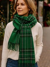 billige Skjerf for kvinner-Juleruteskjerf til dame, varmt vinterskjerf med tartan og frynser, koselig motetilbehør til høytidsfester og utendørs bruk