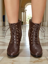 abordables Années 1950-Bottines brogues à lacets marron vintage années 1950 pour femmes – bottines à talons ronds en similicuir pour tenues rétro, tenues de tous les jours et mode automnale