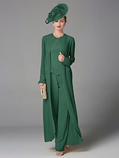 abordables Costumes-pantalons pour maman-Pantalon de mariage à la plage ensemble de 3 pièces mère de la mariée invitée de mariage formelle élégante grande taille avec encolure bateau longueur au sol manches longues enveloppe incluse avec