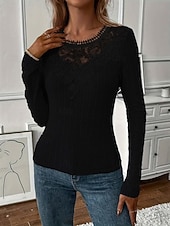 economico Top in Pizzo-Per donna Blusa Pizzo Patchwork Tinta unica Elegante Essenziale Casual Manica Lunga Girocollo Top Regolari Quotidiano Nero Bianco Rosa Viola Grigio Primavera Autunno Inverno