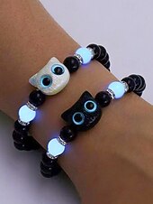 levne Módní doplňky-Dámský halloweenský korálkový náramek s kočkou, který svítí ve tmě – roztomilý černobílý strečový náramek s kočičím přívěskem na párty, cosplay a dárky