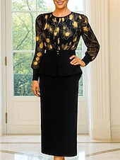 abordables Ensembles de robes pour maman-Deux Pièces Ensembles de Robes Robe de Mère de Mariée  Élégant ancien Col ras du cou Longueur thé Chiffon manche longue avec Imprimé