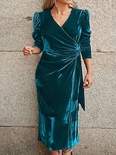 abordables Robe de cocktail-Femmes Robe Midi Robe en Velours Robe de Soirée Robe de Cocktail Élégant Mode Moderne Soirée Date Coupe régulière Uni manche longue Col ras du cou Noir Vin Vert Bleu de minuit Automne Hiver