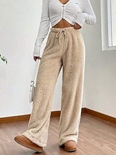 baratos perna larga e cintura alta-Mulheres Atrevido chinês Casual Comprimento total Cintura Média Tecido Design de cordão elástico Térmico / Quente Com Stretch Ao ar livre Férias Rua Camelo Adamascado Cinzento Preto Inverno Ajuste
