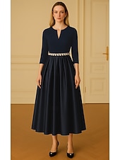 abordables Robes de cocktail-Ligne A Robes de Cocktail Élégant Robe de soirée Formel Mariage Longueur thé Manche 3/4 Col en V Crêpe Extensible avec Perles 2025