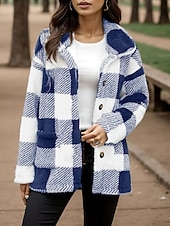 billiga Fleece-fodrade jackor-Dam Fleece-jacka Sherpajacka Vardaglig jacka Bekväm Andningsfunktion Ficka Knappar Mönster Ledigt Rutig Semester Gata Ledigt Dagliga kläder Enkelknäppt Lång Nedvikt Normal Långärmad Ytterkläder Svart