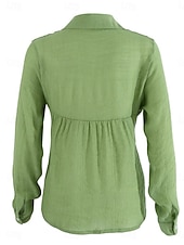 お買い得  シャツ-女性用 シャツ コットンリネンシャツ ボタンアップ ブラウス 純色 ベーシック カジュアル 長袖 シャツカラー レギュラートップス 日常 ボタン イエロー グリーン 夏 春