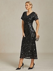  Per donna Abito maxi Tubino Abito a sirena Elegante Festa cocktail Spalle scoperte Festa serale Cocktail party Paillettes Floreale Manica Corta Scollo a V Nero