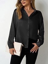  Mulheres Camisa Social Elegant Elegante Top de cetim Botões Tecido à moda Casual Manga Longa Colarinho de Camisa Tops regulares Diário Para Noite Preto Vermelho Azul Marinha Azul Real Bege Primavera
