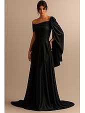 preiswerte A-Linie Abendkleider-A-Linie Abendkleid Elegant Formelle Kleidung Formell Hochzeit Bodenlang Dreiviertelarm Schulterfrei Tasche Stretch Satin mit Gerafft 2025