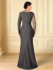 cheap Floor Length-Sheath Column Floor Length Wedding Guest Dress Formal Dresses Evening Gown Mother of the Bride Dress Long Sleeve V Neck Elegant Simple Formal Wedding Guest Satin with Pleats Ruched Beading