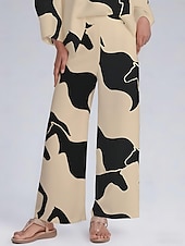 baratos calças femininas-Calça feminina de cetim com estampa geométrica abstrata e cintura elástica, plissada, perna larga