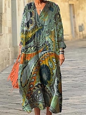abordables Art &amp; Design Robes-Femmes Robe Midi Robe d&#039;Été Robe trapèze Vacances Occasionnel Boho Sortir Plage Coupe Ample Graphique Géométrique manche longue Col en V Rose Claire Bleu Violet Claire Marron Printemps Automne Hiver