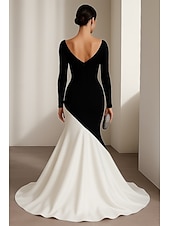 abordables Robes de Soirée Sirène-Robe de soirée sirène/trompette noire et blanche, élégante robe de soirée formelle, longueur au sol, manches longues, col en V, crêpe extensible avec plis, cristaux et perles, 2025