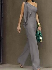 Недорогие Полуформальный / Коктейль-Комбинезон  брюки для матери невесты Элегантное простое минималистичное платье с одним плечом длиной до пола из полиэстера без рукавов с бантом/рюшами однотонного цвета