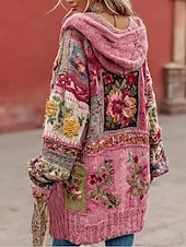 Women's Cardigan Daily Casual Floral Graphic Ribbed Hooded Patchwork Pocket Buttons Long Sleeve Long Tops Knit Outdoor Weekend Pink Fall Winter4