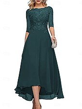 abordables Longueur de cheville-Robe A-Line mère de la mariée invitée de mariage formelle élégante col rond longueur de sol en chiffon à demi-manches avec couleur unie
