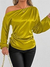 voordelige Elegante topjes-Dames Overhemd Satijnen overhemd Effen Kleur Stijlvol Casual Lange mouw koude schouder Normale tops Dagelijks Uitgaan Asymmetrisch Geel Bruin Lente Herfst