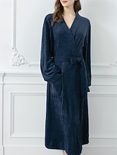 billiga Loungewear till damer-Dam Pyjamas Morgonrock Ledigt Ren färg Ficka Hem Säng Långärmad V-hals Vit Rodnande Rosa Marinblå Blå Grå Höst Vinter Skräddarsydd passform